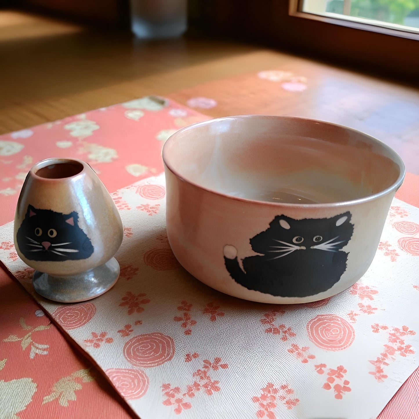 Black Cat Chawan and Whisk Holder Set - Northeast Tea House