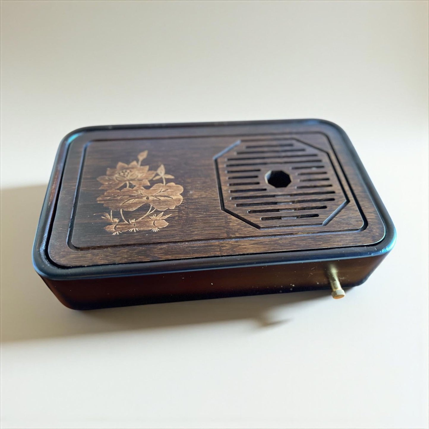 Dark Wood Tea Table With Lotus Motif - Northeast Tea House