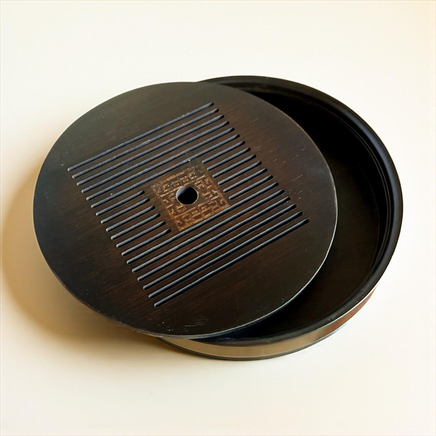 Large Round Geometric Dark Wood Tea Table - Northeast Tea House