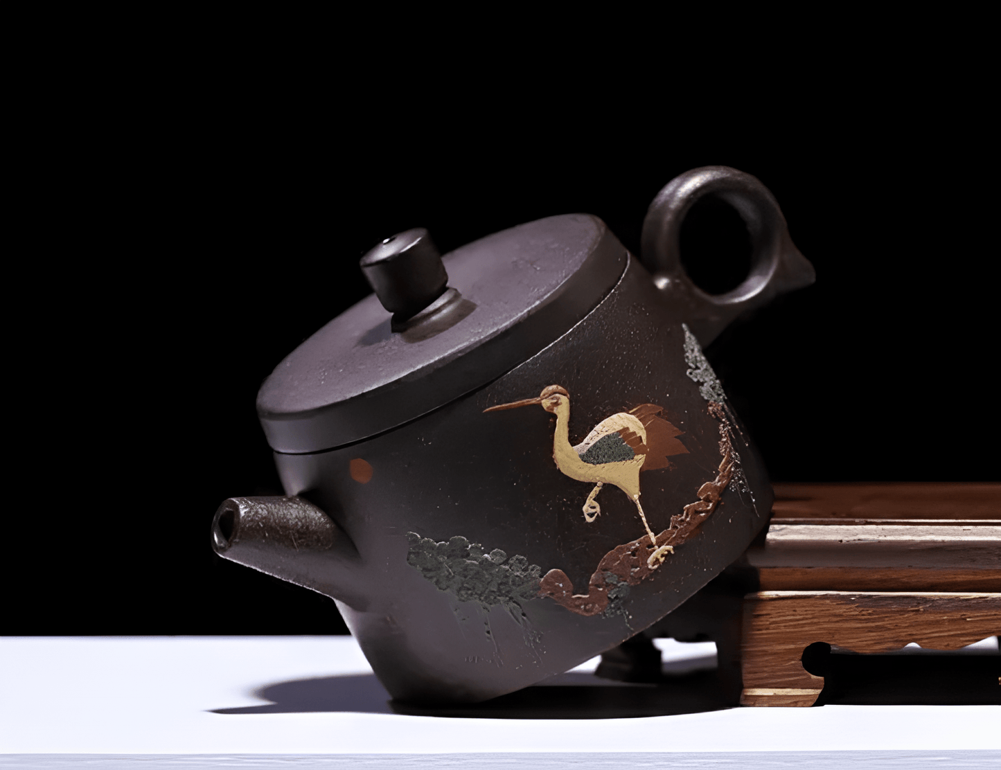Purple Clay Yixing Pot with Crane Motif - 180ml - Northeast Tea House