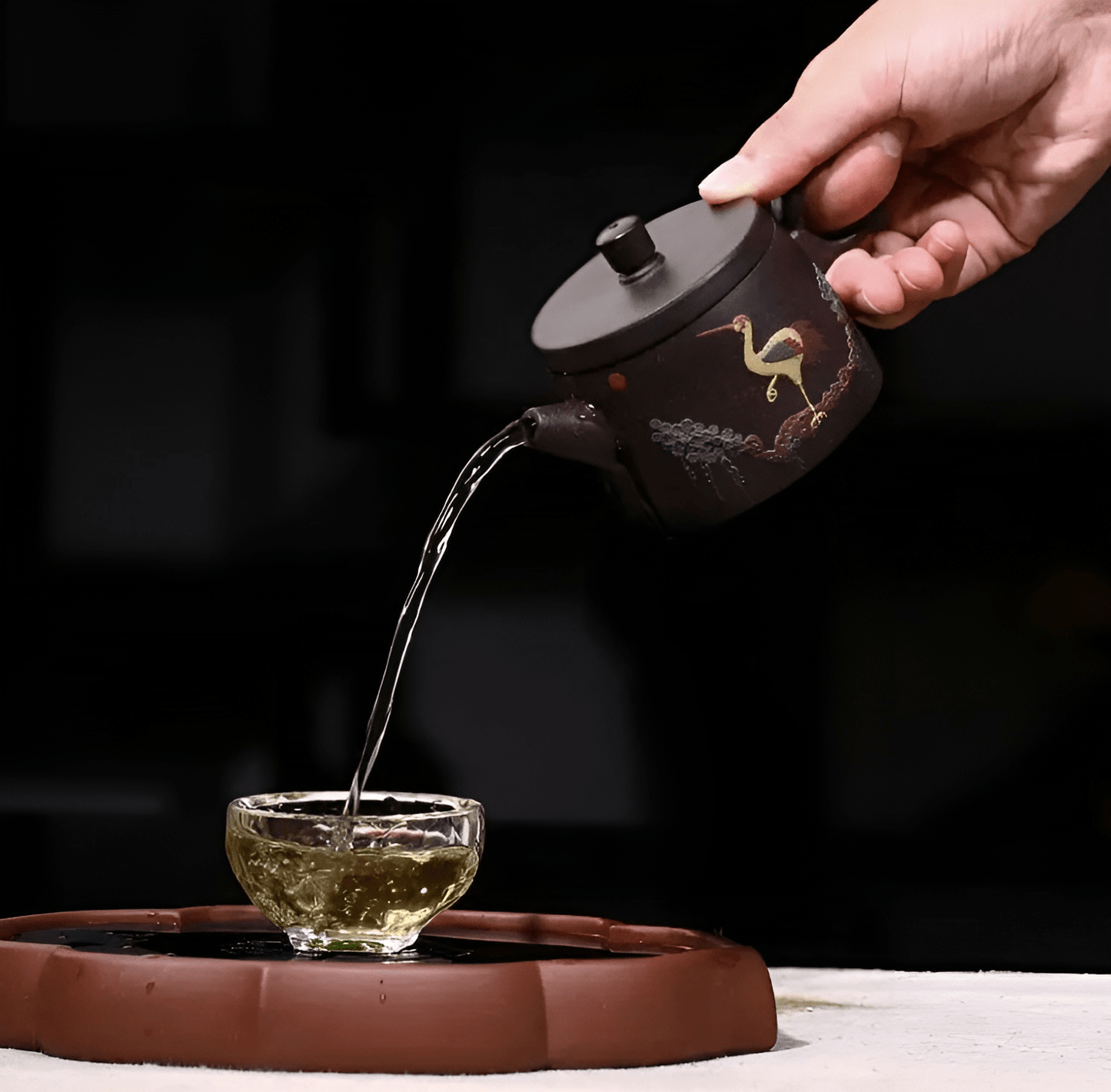 Purple Clay Yixing Pot with Crane Motif - 180ml - Northeast Tea House