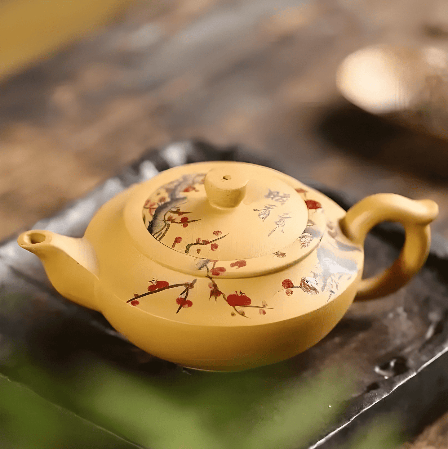 Yellow Yixing Clay "Plum Blossom' Painted Tea Pot - Northeast Tea House