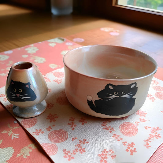 Black Cat Chawan and Whisk Holder Set - Northeast Tea House