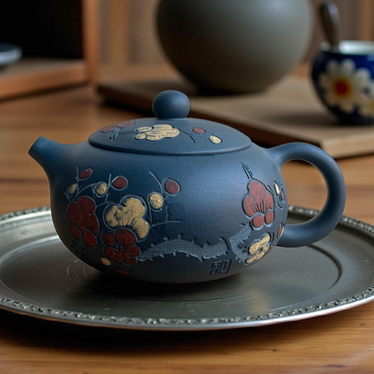 Blue Clay Cherry Blossom Motif Yixing Pot - Northeast Tea House