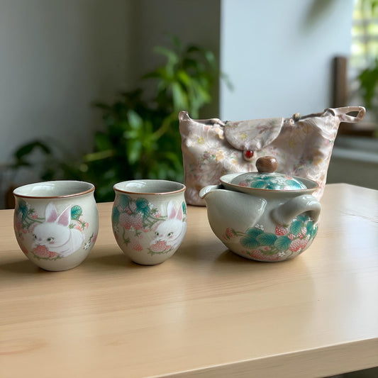 Bunny and Strawberry Travel Gongfu Set in Silk Carrying Case - Northeast Tea House