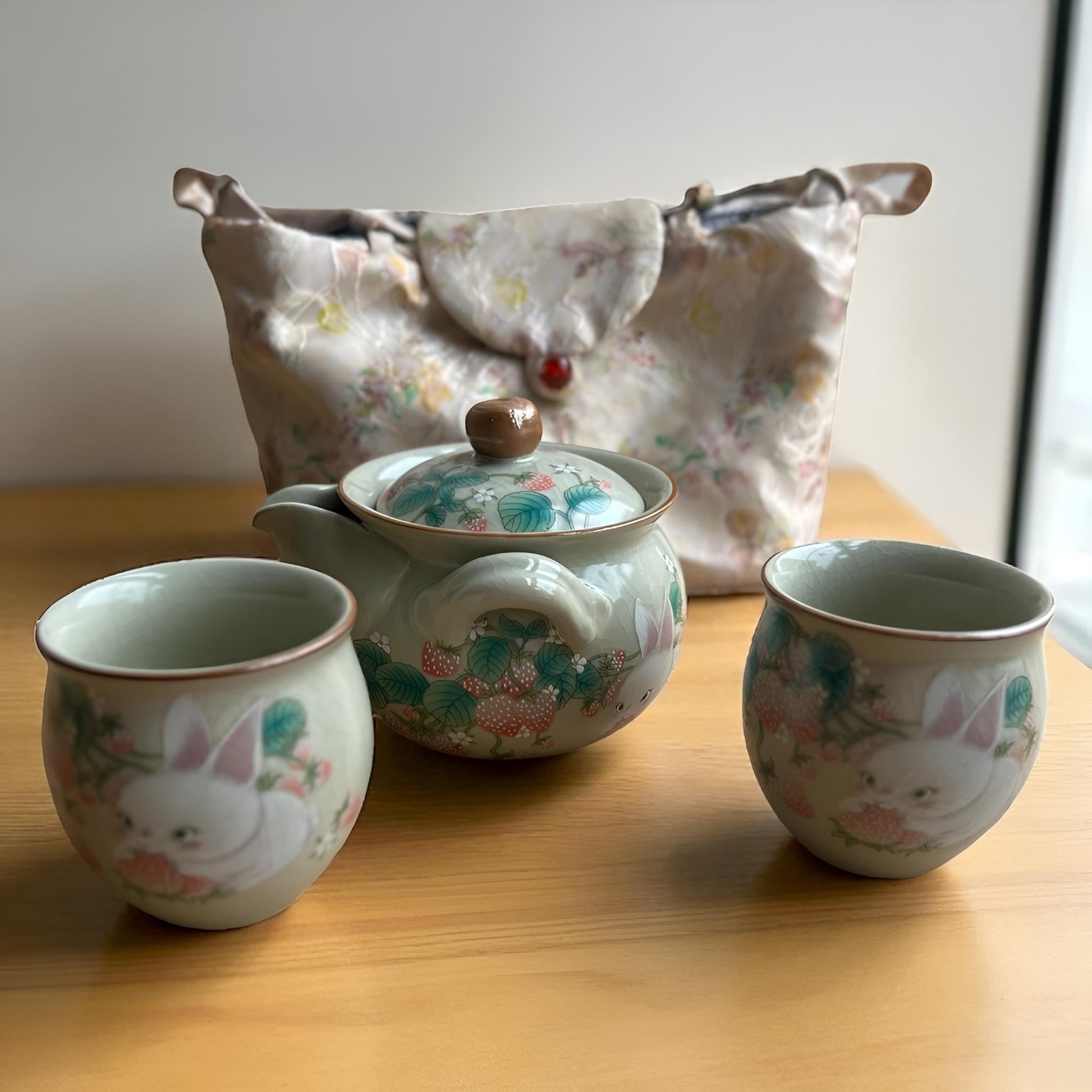 Bunny and Strawberry Travel Gongfu Set in Silk Carrying Case - Northeast Tea House