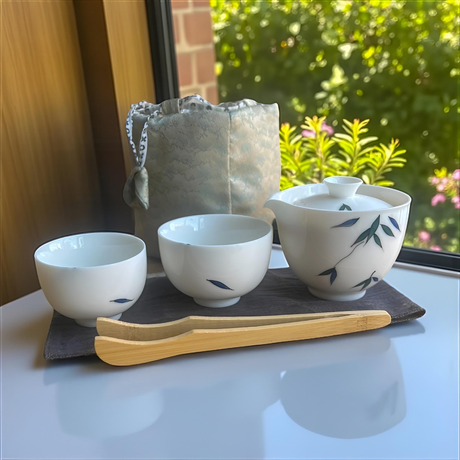 Hand - Painted Bamboo Travel Gaiwan Set With Silk Carrying Case - Northeast Tea House