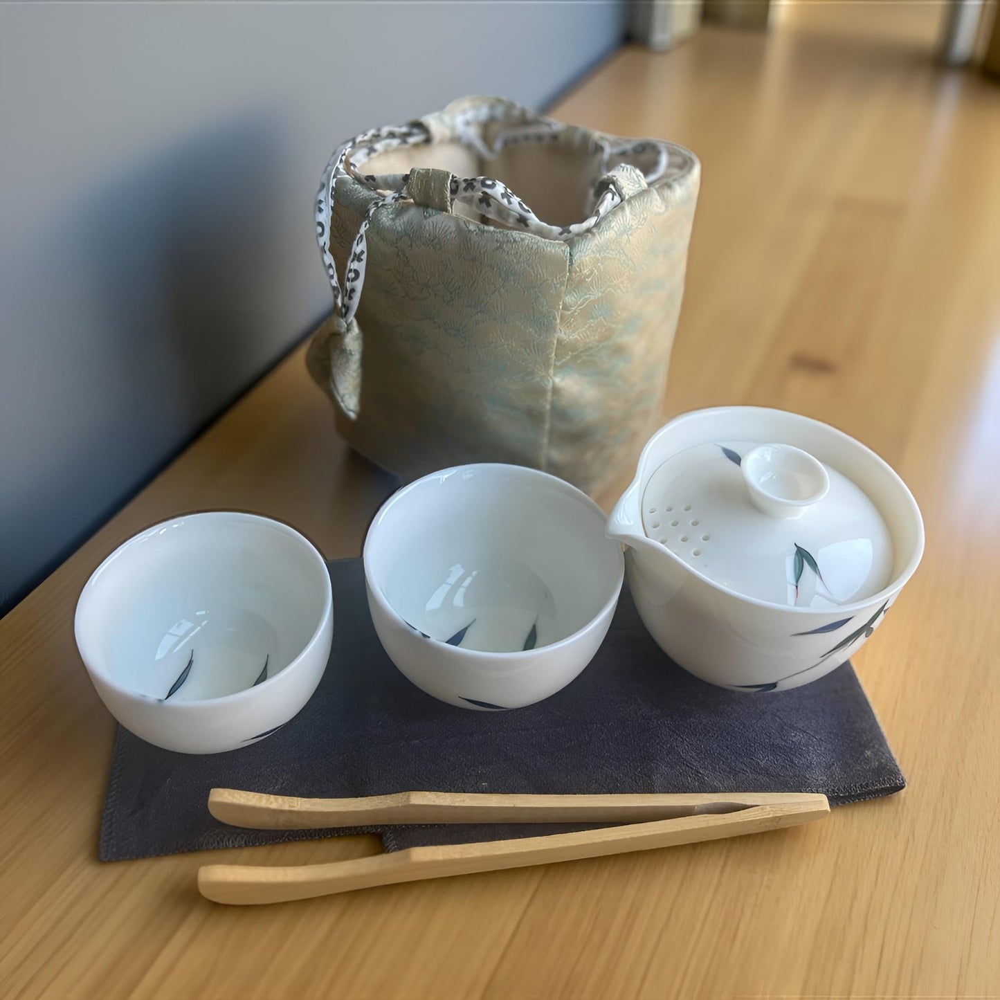 Hand - Painted Bamboo Travel Gaiwan Set With Silk Carrying Case - Northeast Tea House
