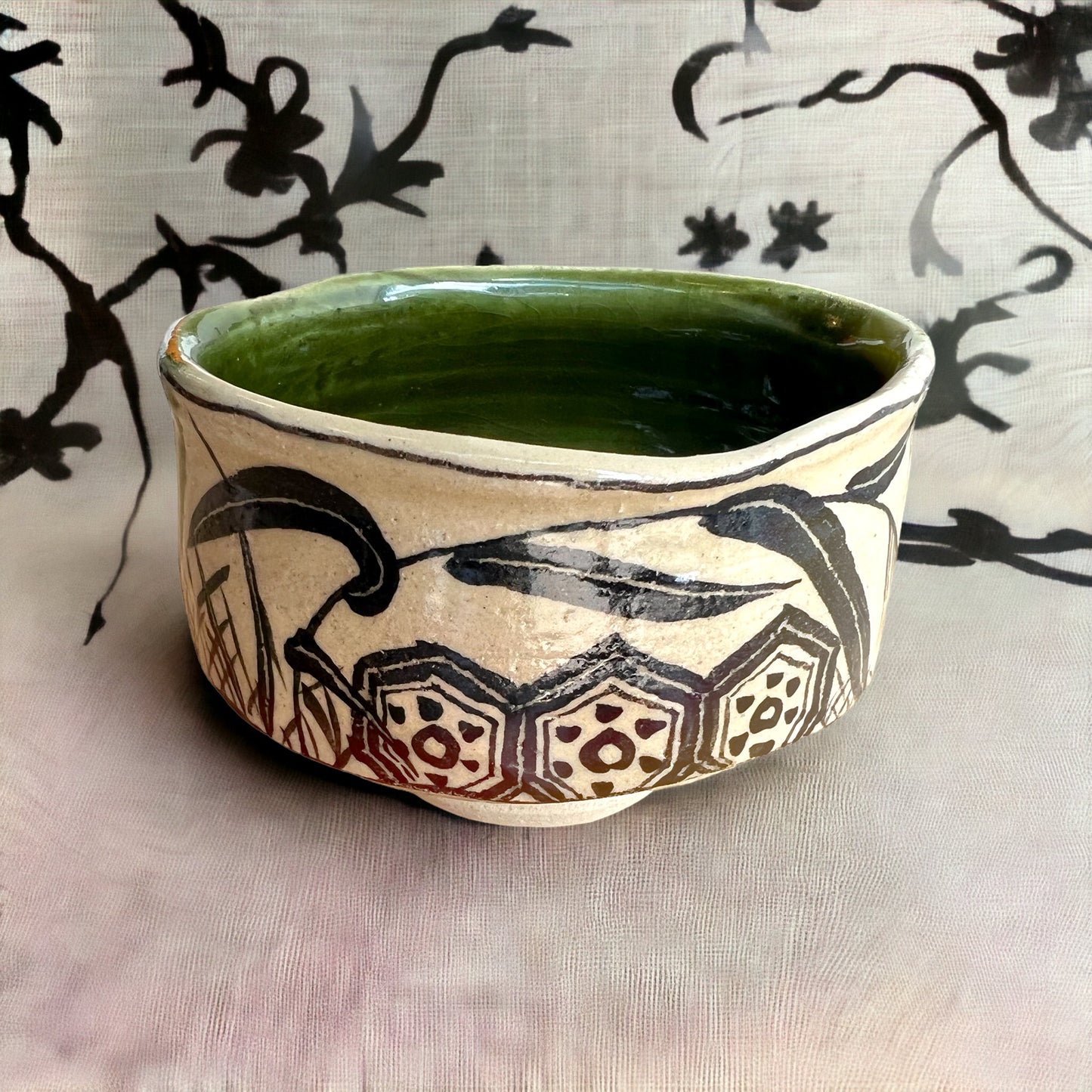 Handmade Oribe Reeds and Birds Chawan