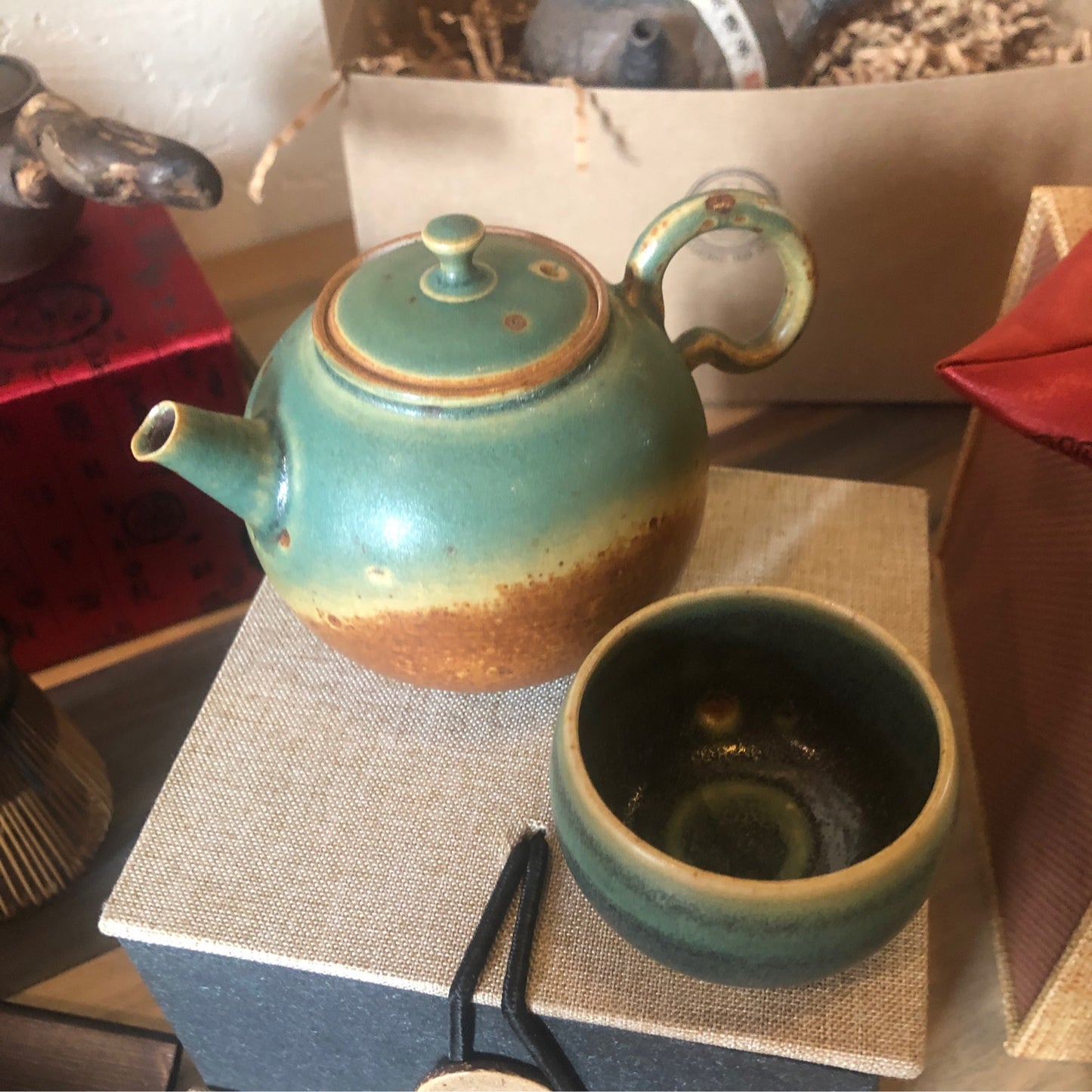Fei Cui Glazed “Turquoise Desert” Bug Bitten Teapot And Cups